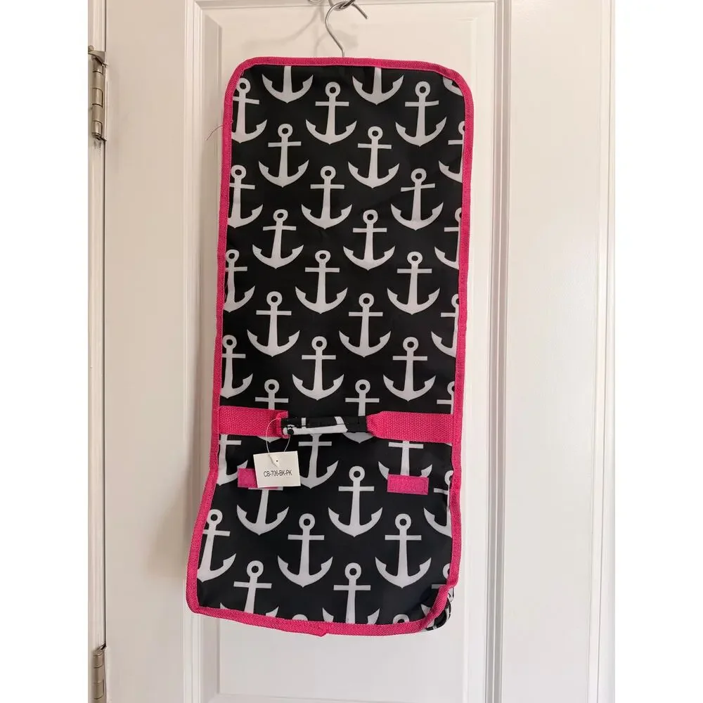 NWT Hanging Travel Toiletry Cosmetic Roll Up Bag Black White Anchor Pink